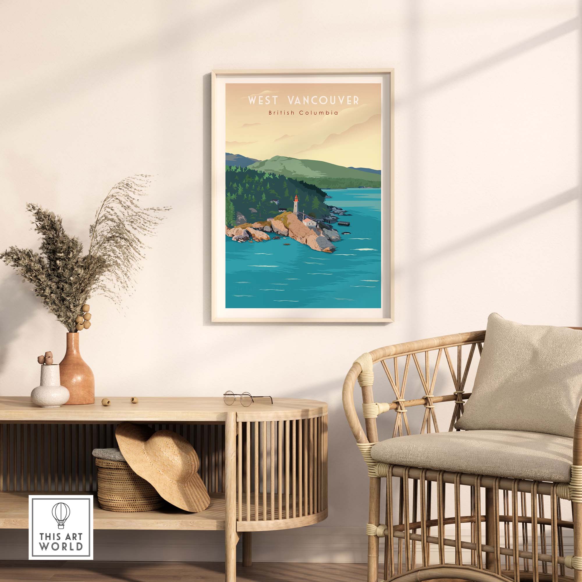 Stylish West Vancouver BC travel poster print displayed in a modern interior setting, showcasing the scenic coastal landscape.