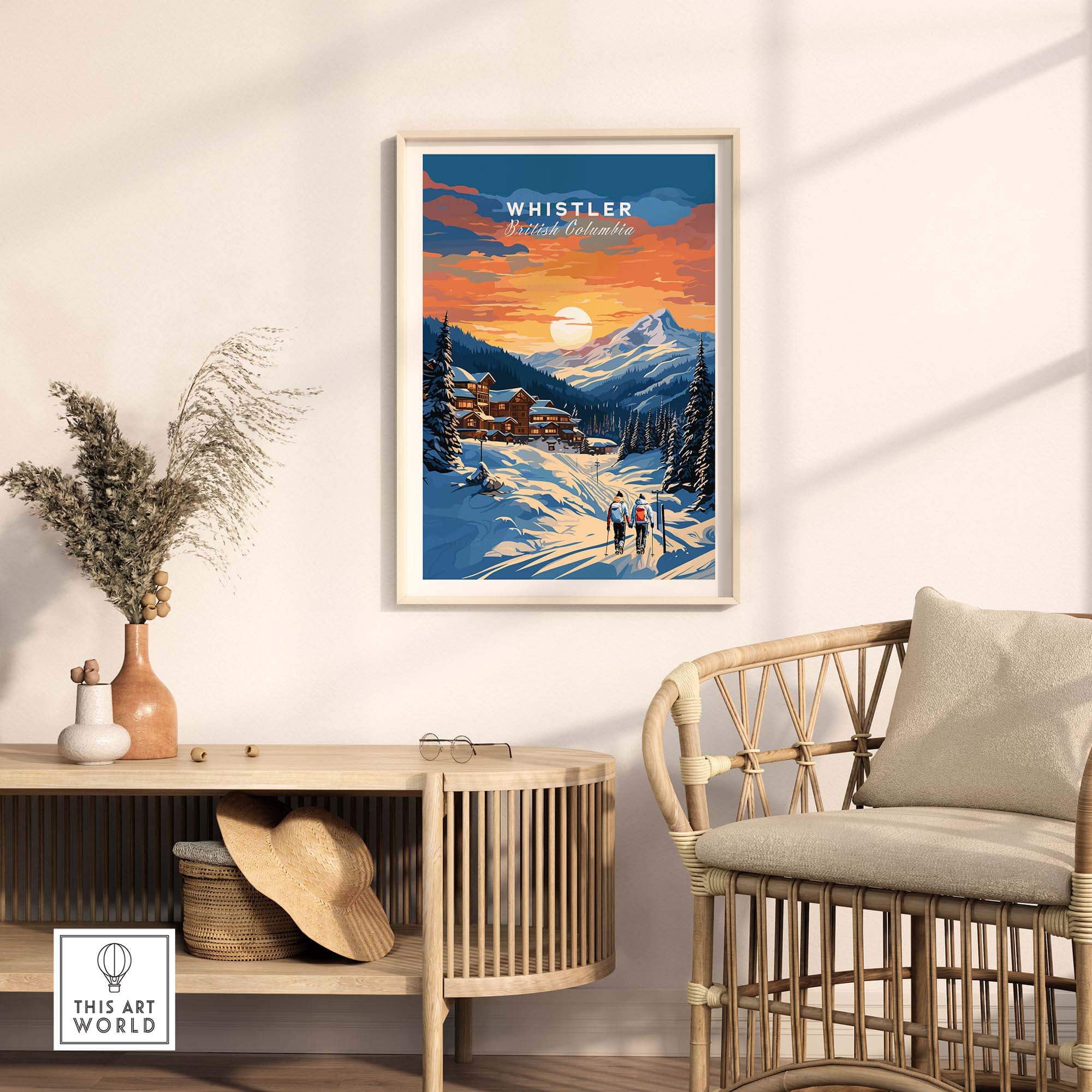 Whistler Ski Resort poster featuring sunset, displayed in a cozy living room with wicker chair and decor, perfect for ski enthusiasts.