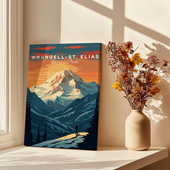 Wrangell-St. Elias National Park print on canvas, mountain artwork by sunny window with vase of dried flowers