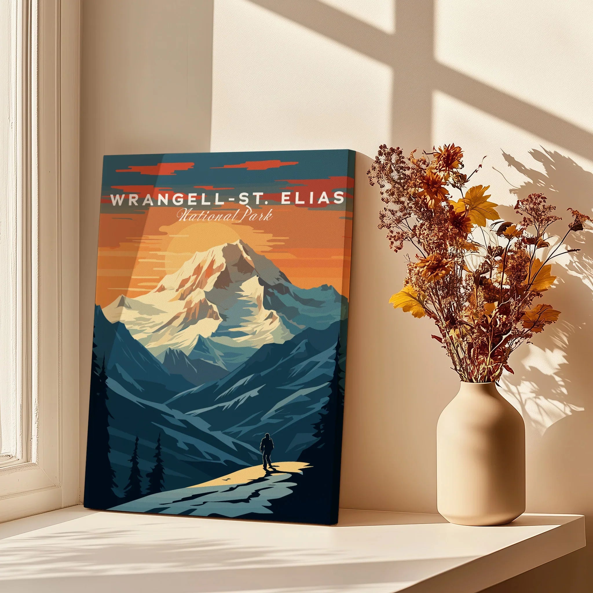 Wrangell-St. Elias National Park print on canvas, mountain artwork by sunny window with vase of dried flowers