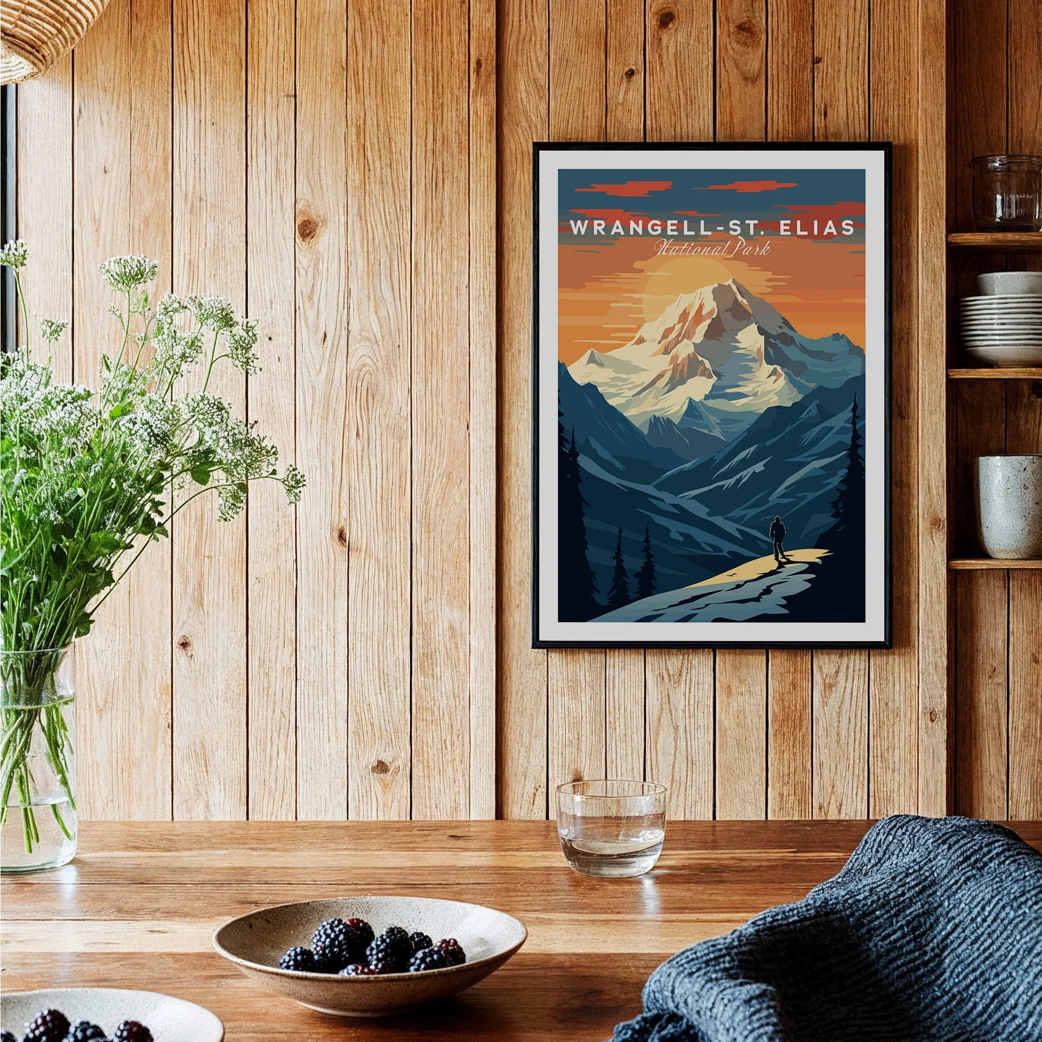 Wrangell-St. Elias National Park travel poster art print in black frame on rustic kitchen wall