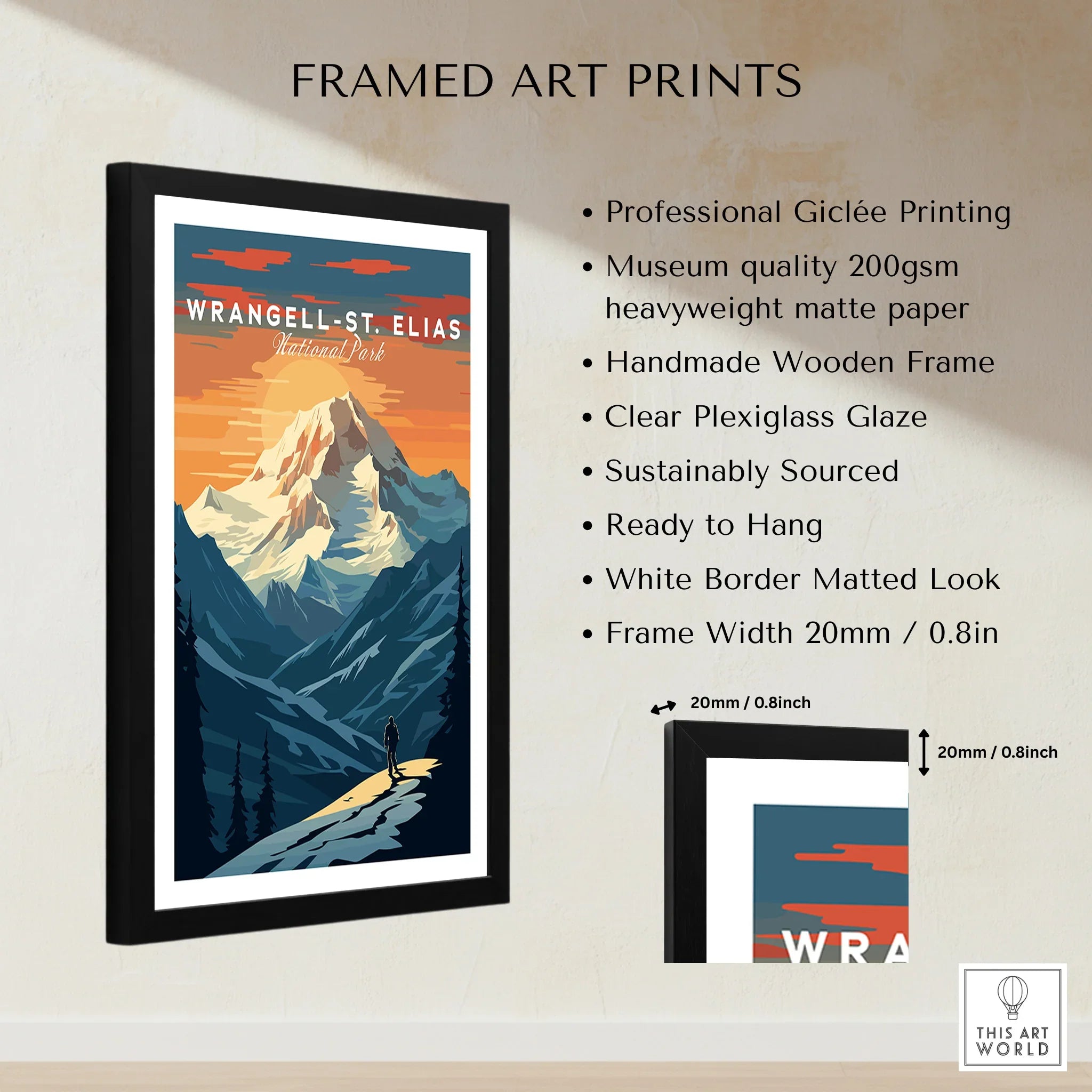 Framed Wrangell-St. Elias National Park travel poster with mountain landscape and print quality details.