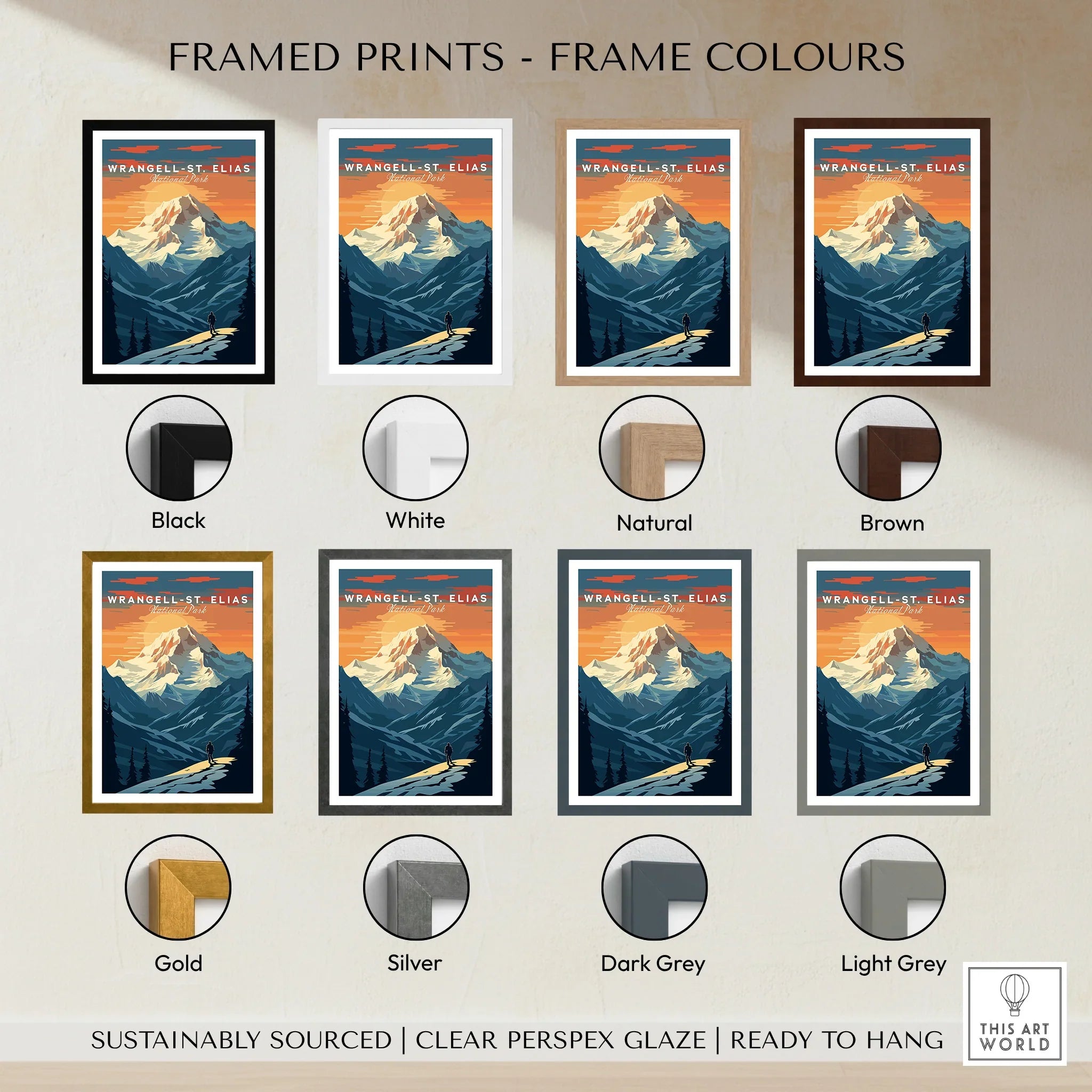 Wrangell-St. Elias National Park travel poster framed print with eight frame color options