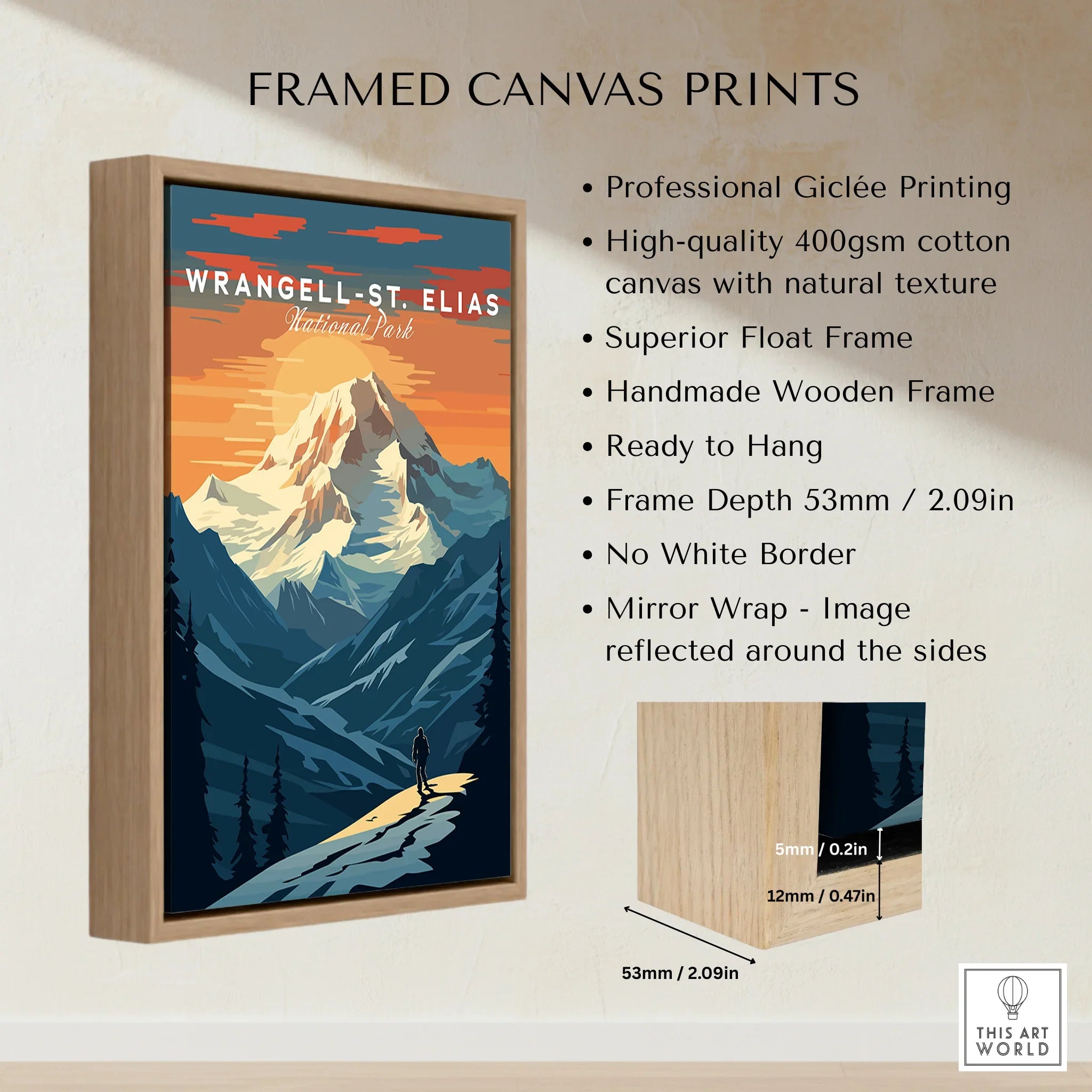 Wrangell-St. Elias National Park framed canvas print with mountain landscape and float frame details