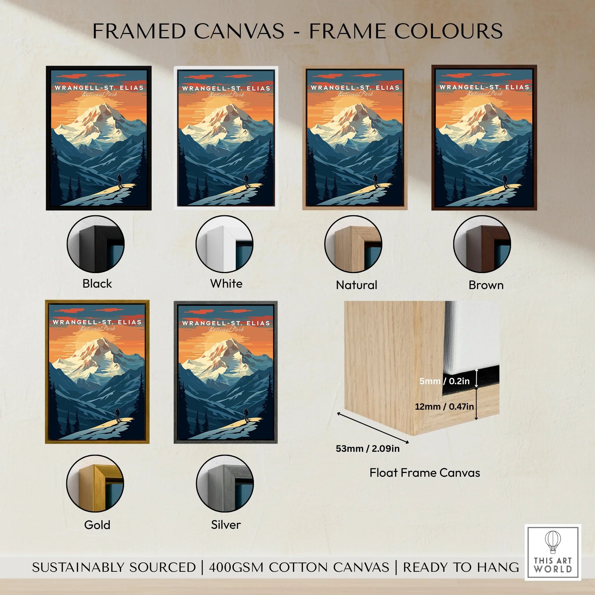 Wrangell-St. Elias National Park art print in six frame color options, mountain sunset design