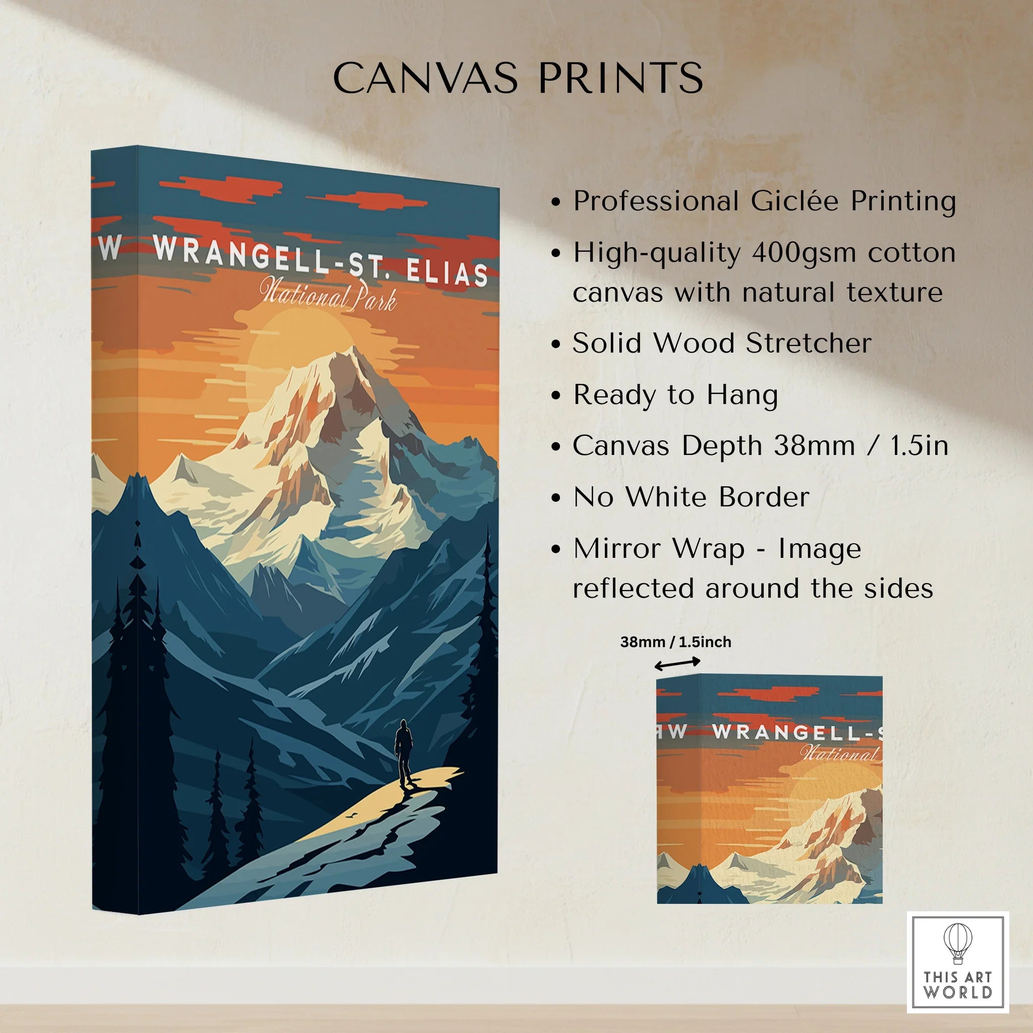 Wrangell-St. Elias National Park canvas print featuring a scenic mountain sunset landscape.
