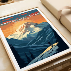 Wrangell-St. Elias National Park art print with sunrise mountains in a natural wood frame