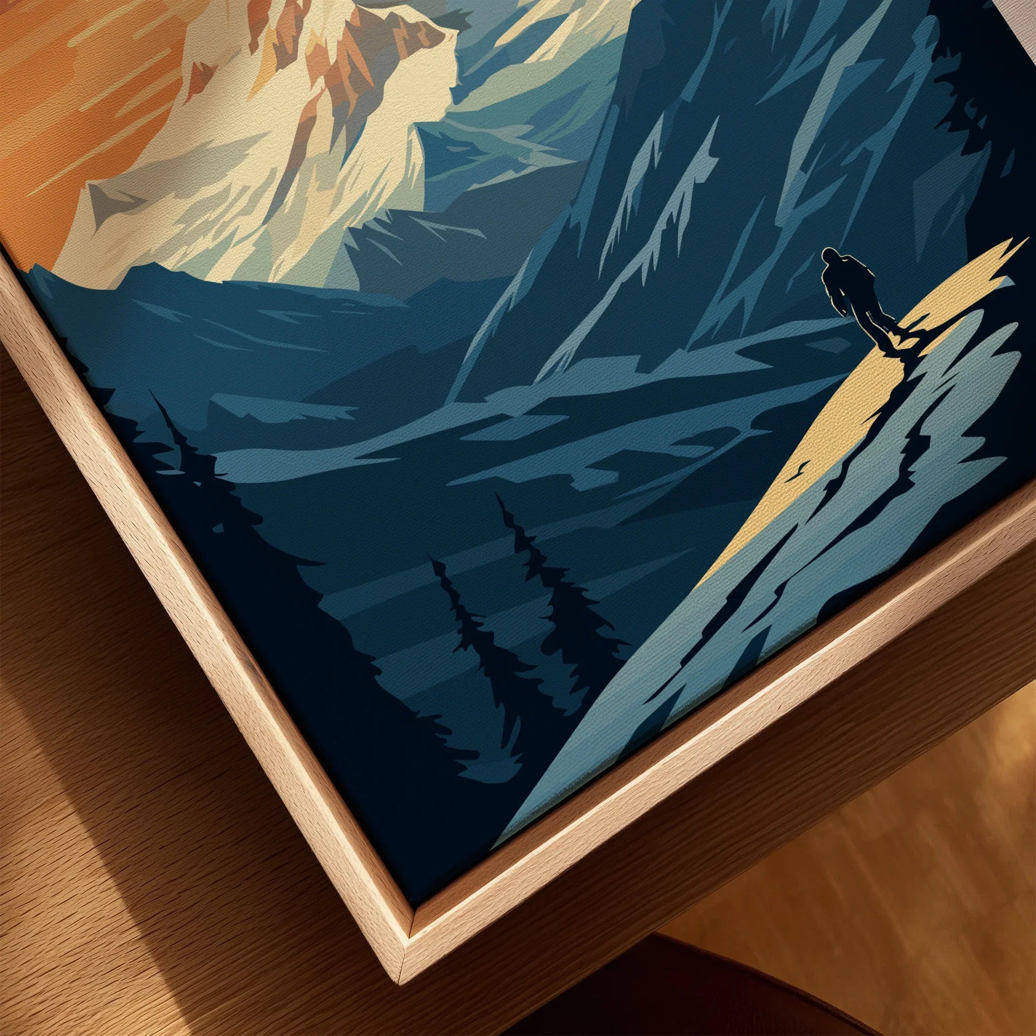 Wrangell-St. Elias National Park print in natural wood floating frame, hiker silhouette, mountains