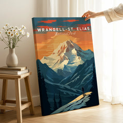 Wrangell-St. Elias National Park travel poster canvas print with mountain landscape in modern room setting.
