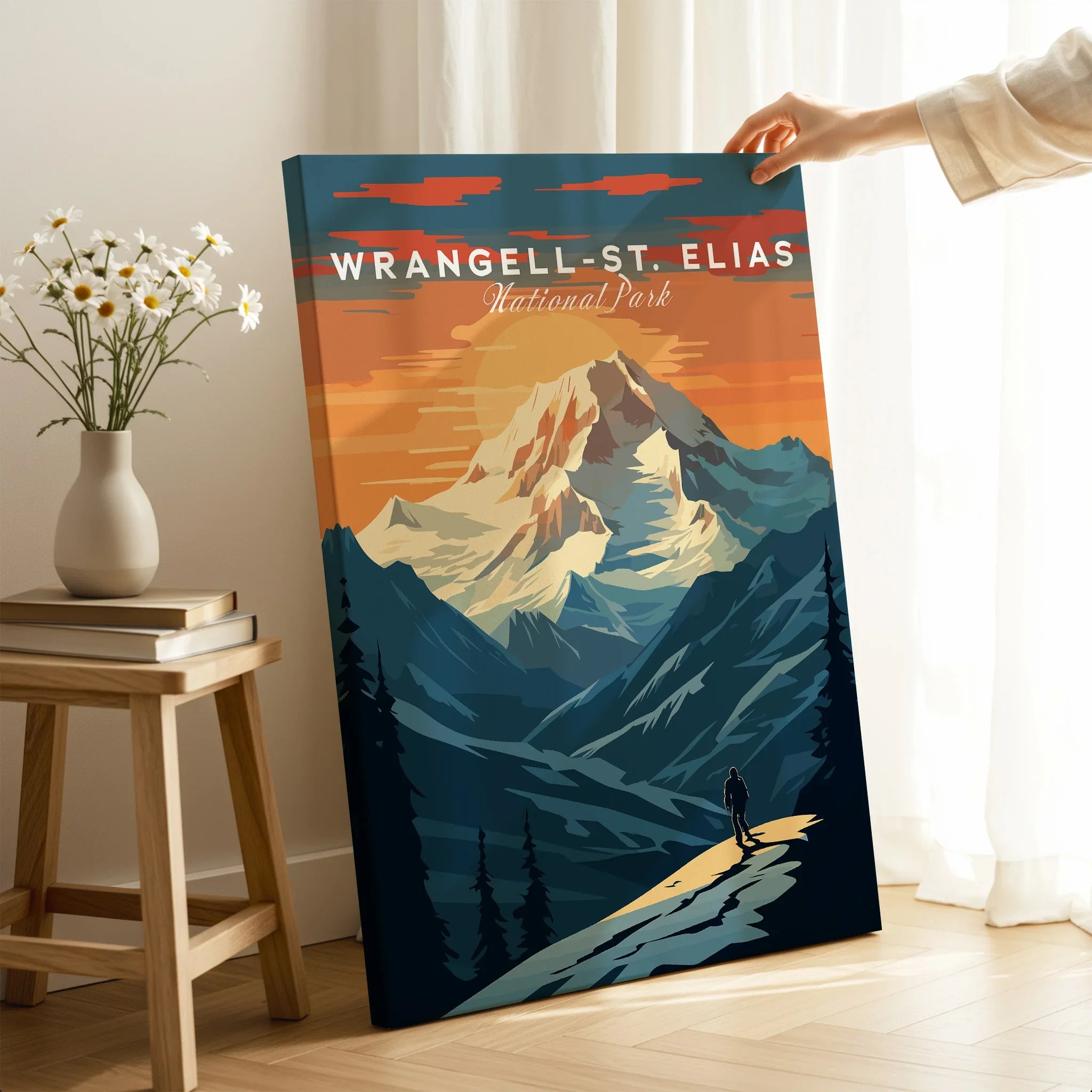 Wrangell-St. Elias National Park travel poster canvas print with mountain landscape in modern room setting.