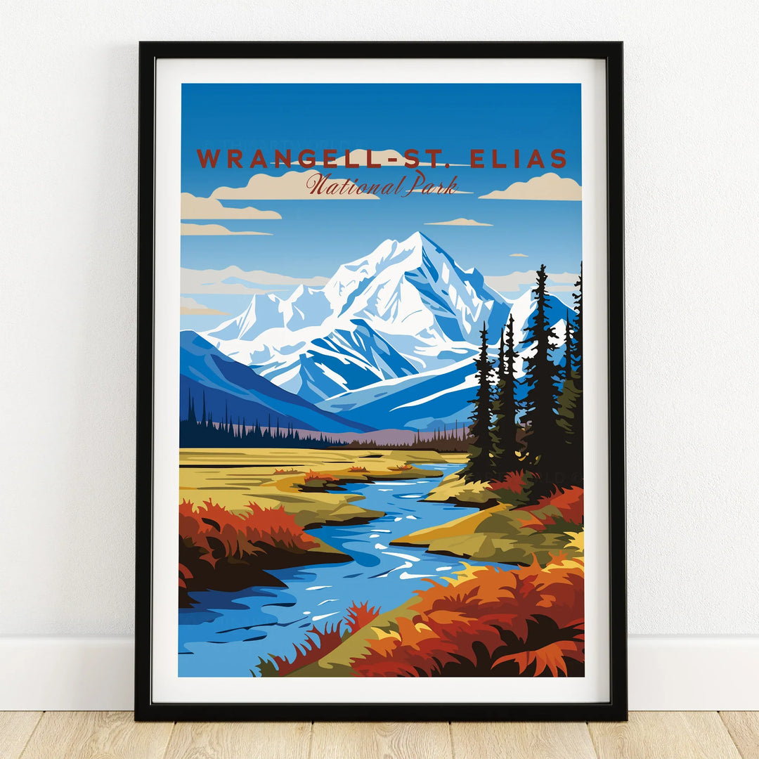 Wrangell-St. Elias National Park art print in black frame, mountain landscape wall decor