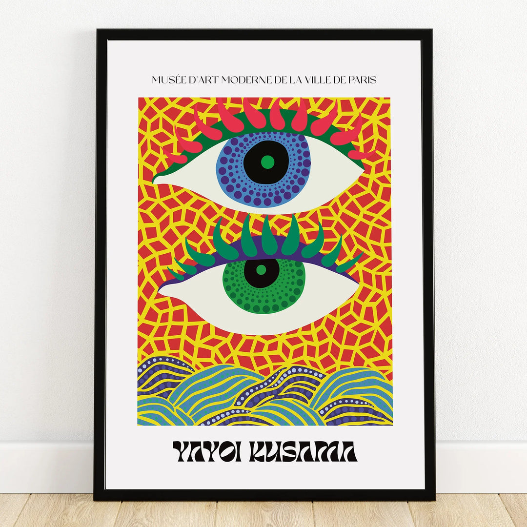 Colorful abstract wall art poster with two stylized eyes, geometric yellow and red background, and black frame.