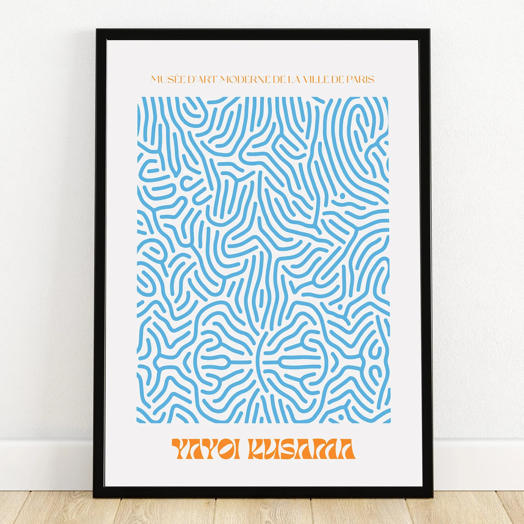Abstract blue line art poster in black frame, minimalist modern wall decor