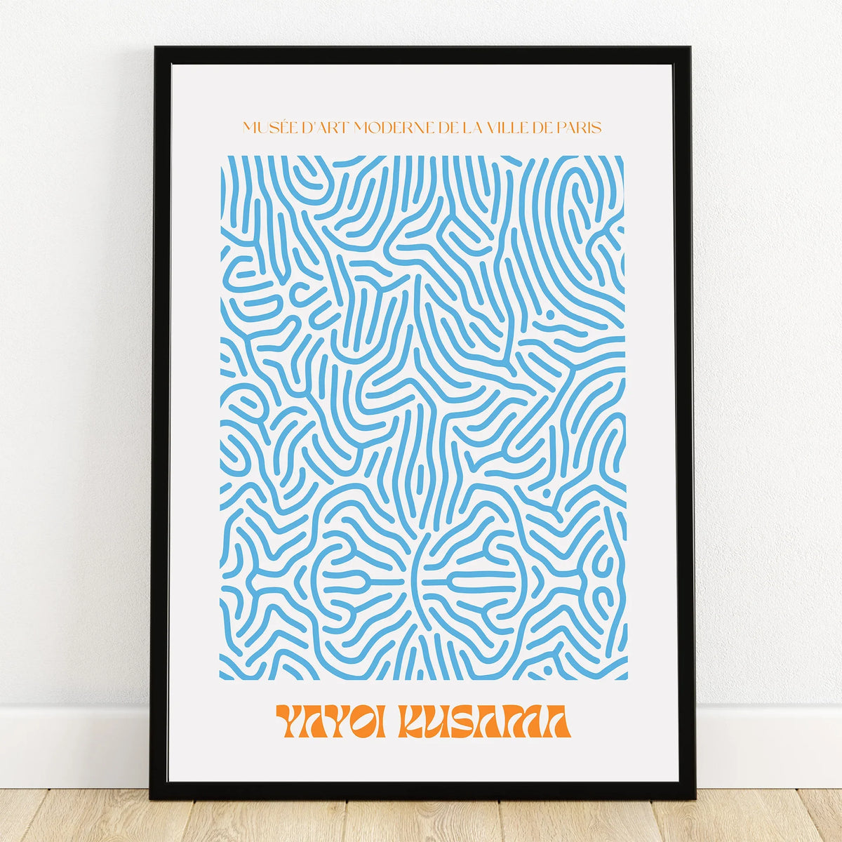 Abstract blue line art poster in black frame, minimalist modern wall decor