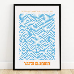 Abstract blue line art poster in black frame, minimalist modern wall decor
