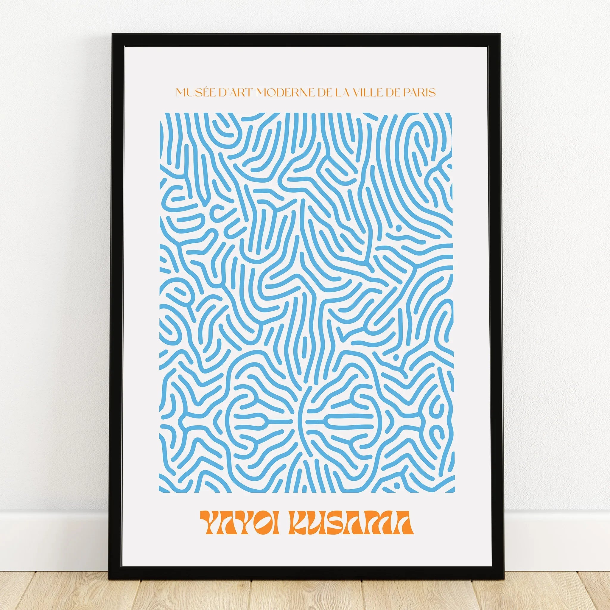 Abstract blue line art poster in black frame, minimalist modern wall decor