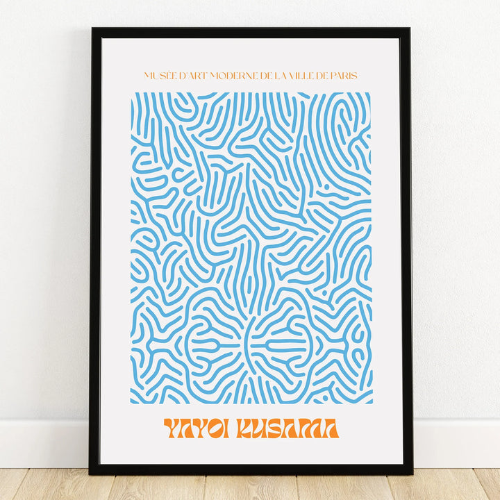 Abstract blue line art poster in black frame, minimalist modern wall decor