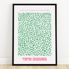 Framed modern art print with abstract green mosaic pattern and pink text on white background