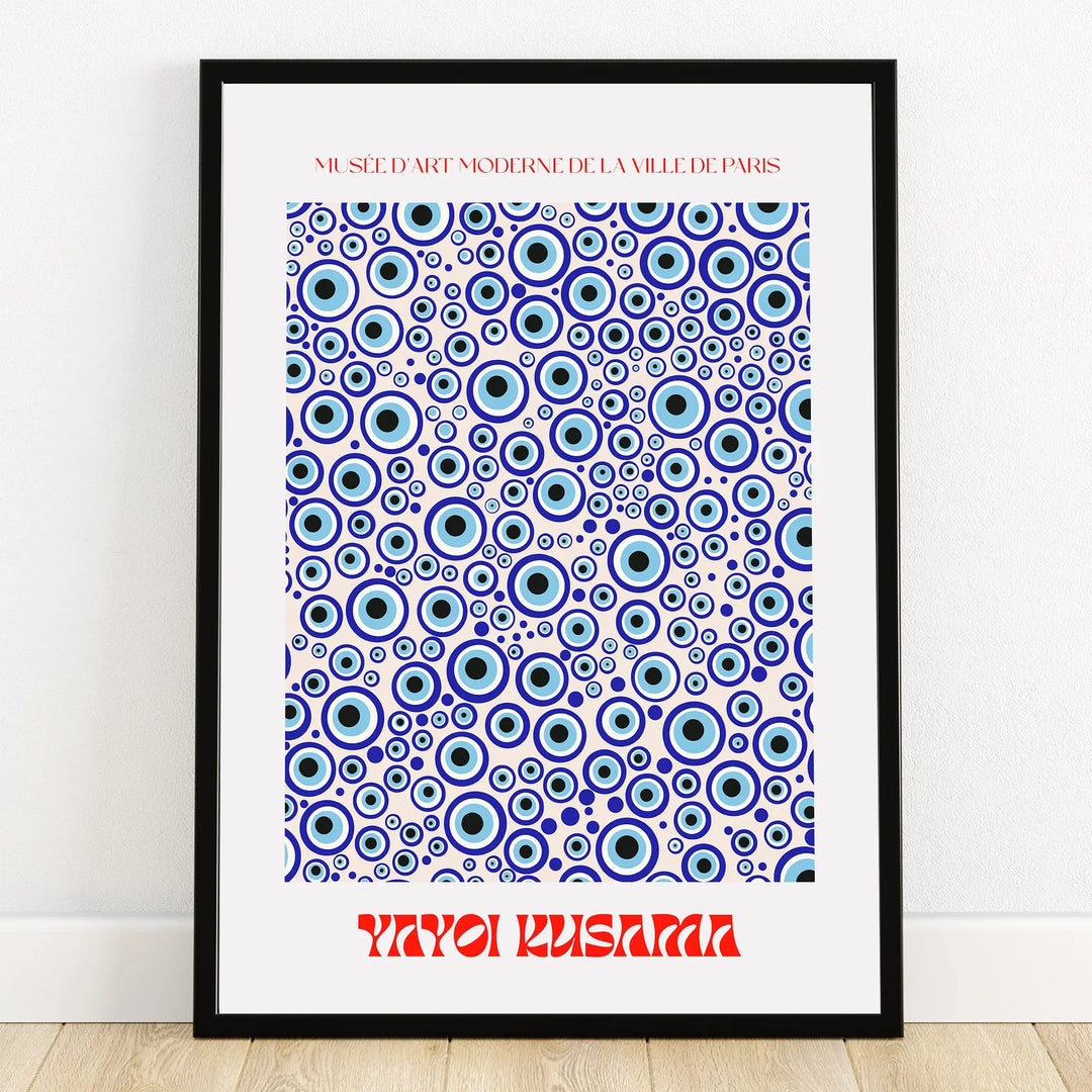 Framed abstract wall art print with blue concentric circles and modern typography.