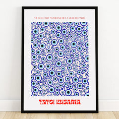 Framed abstract wall art print with blue concentric circles and modern typography.