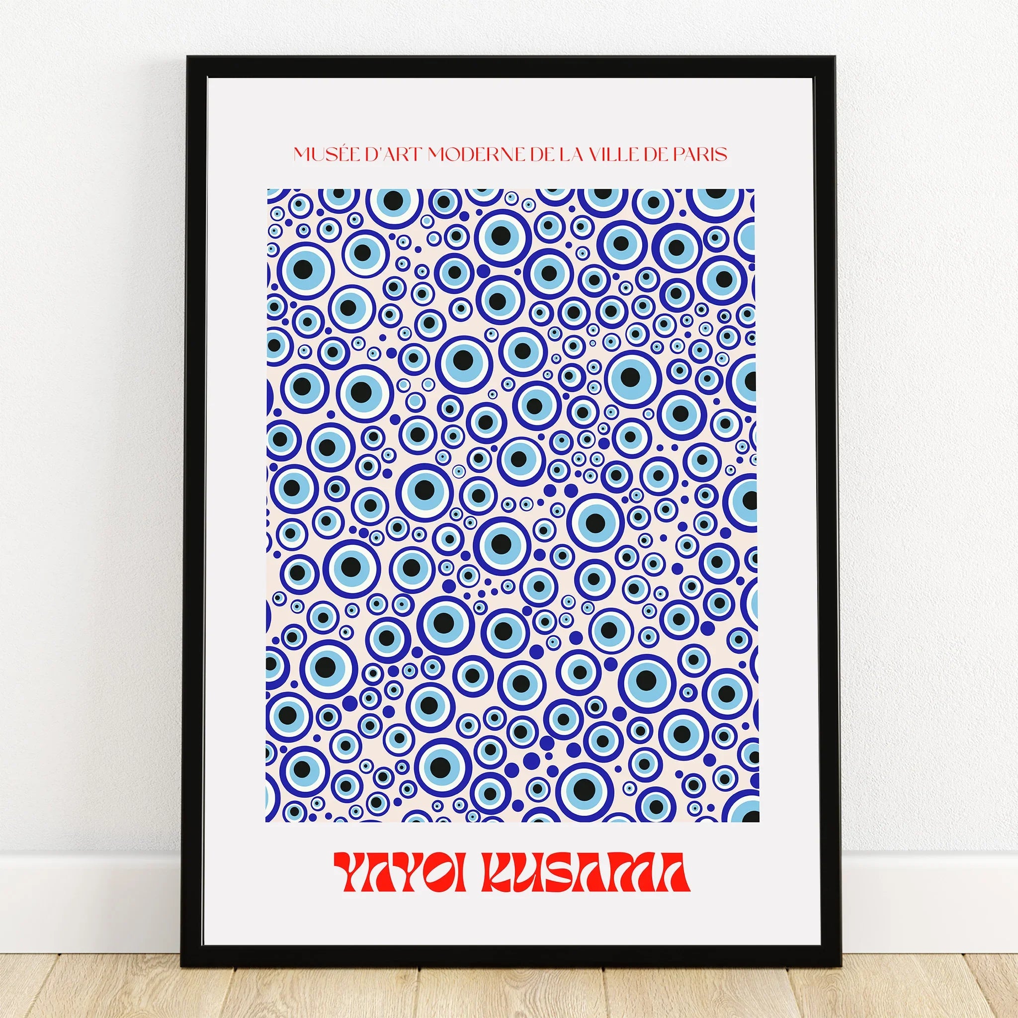 Framed abstract wall art print with blue concentric circles and modern typography.
