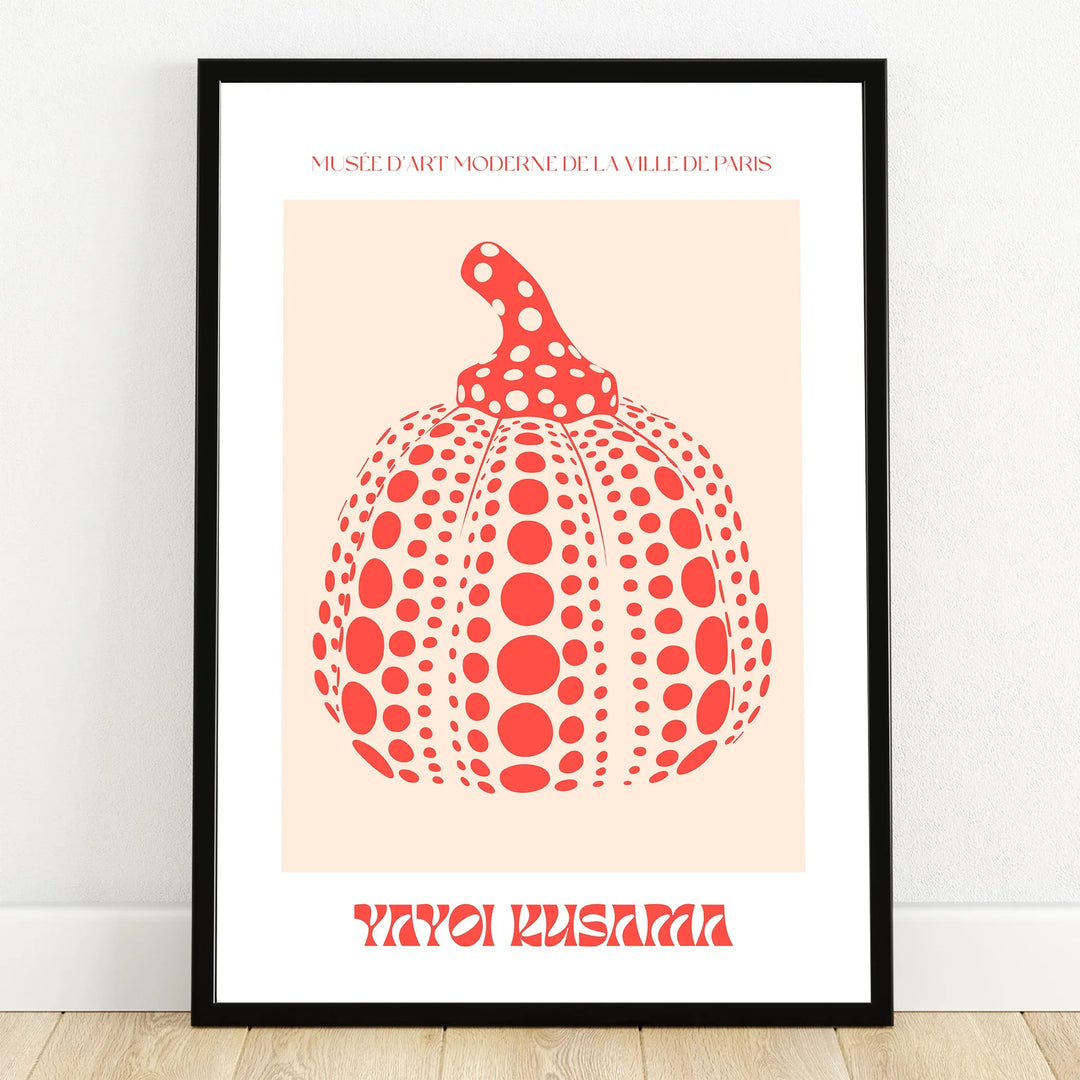 Framed art print of a red polka dot pumpkin in a modern minimalist style