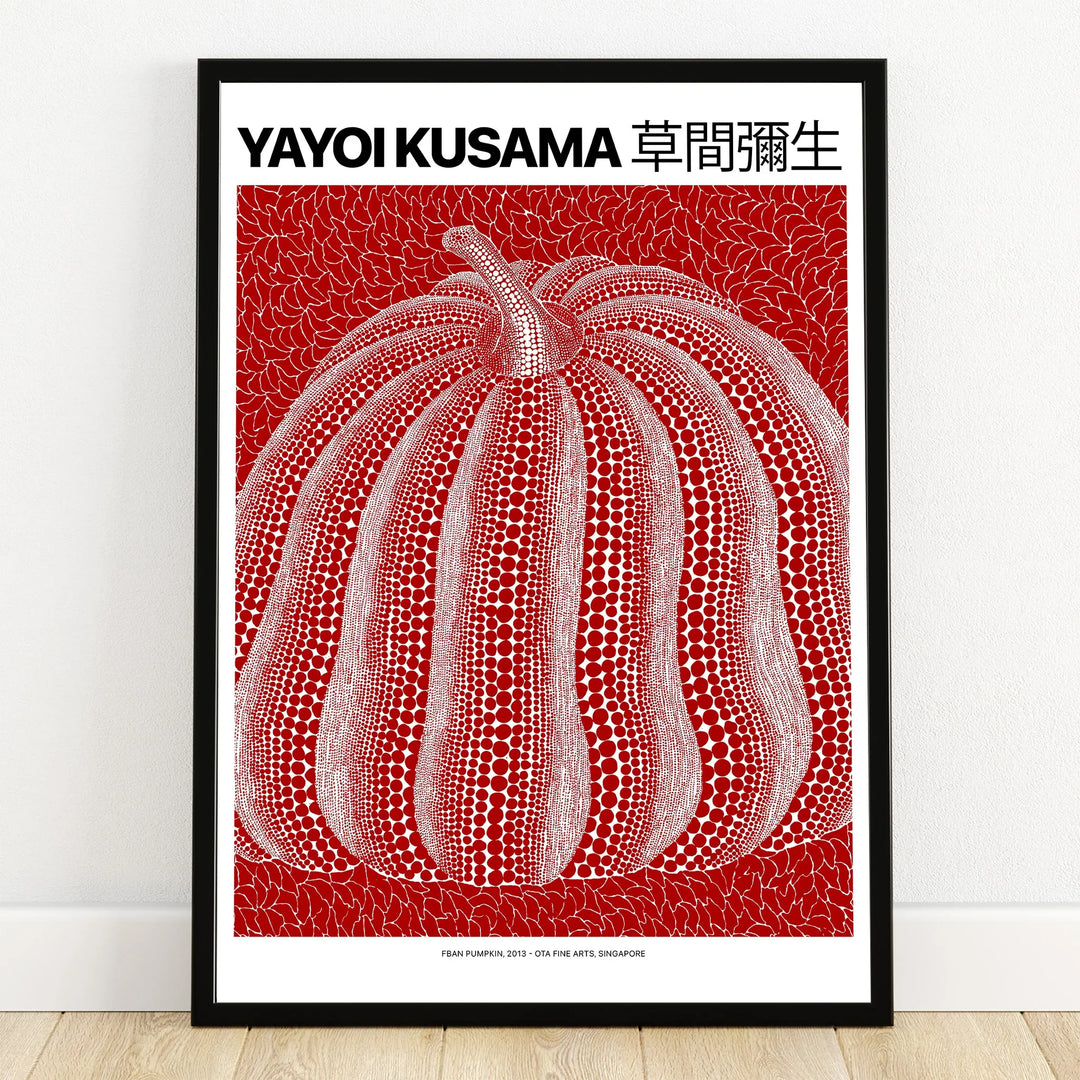 Modern wall art poster with red and white dotted pumpkin in black frame, minimalist decor