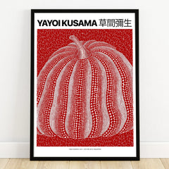 Modern wall art poster with red and white dotted pumpkin in black frame, minimalist decor