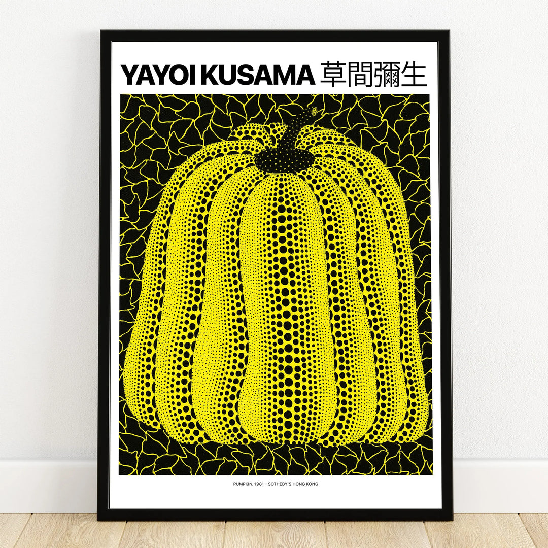 Framed wall art print featuring a yellow dot pumpkin with black background and bold lines