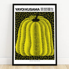 Framed wall art print featuring a yellow dot pumpkin with black background and bold lines