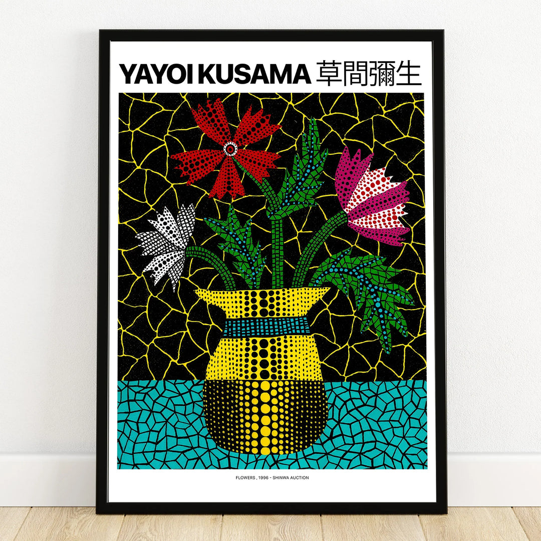 Colorful floral wall art print with dotted vase and vibrant flowers in black frame