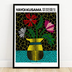 Colorful floral wall art print with dotted vase and vibrant flowers in black frame