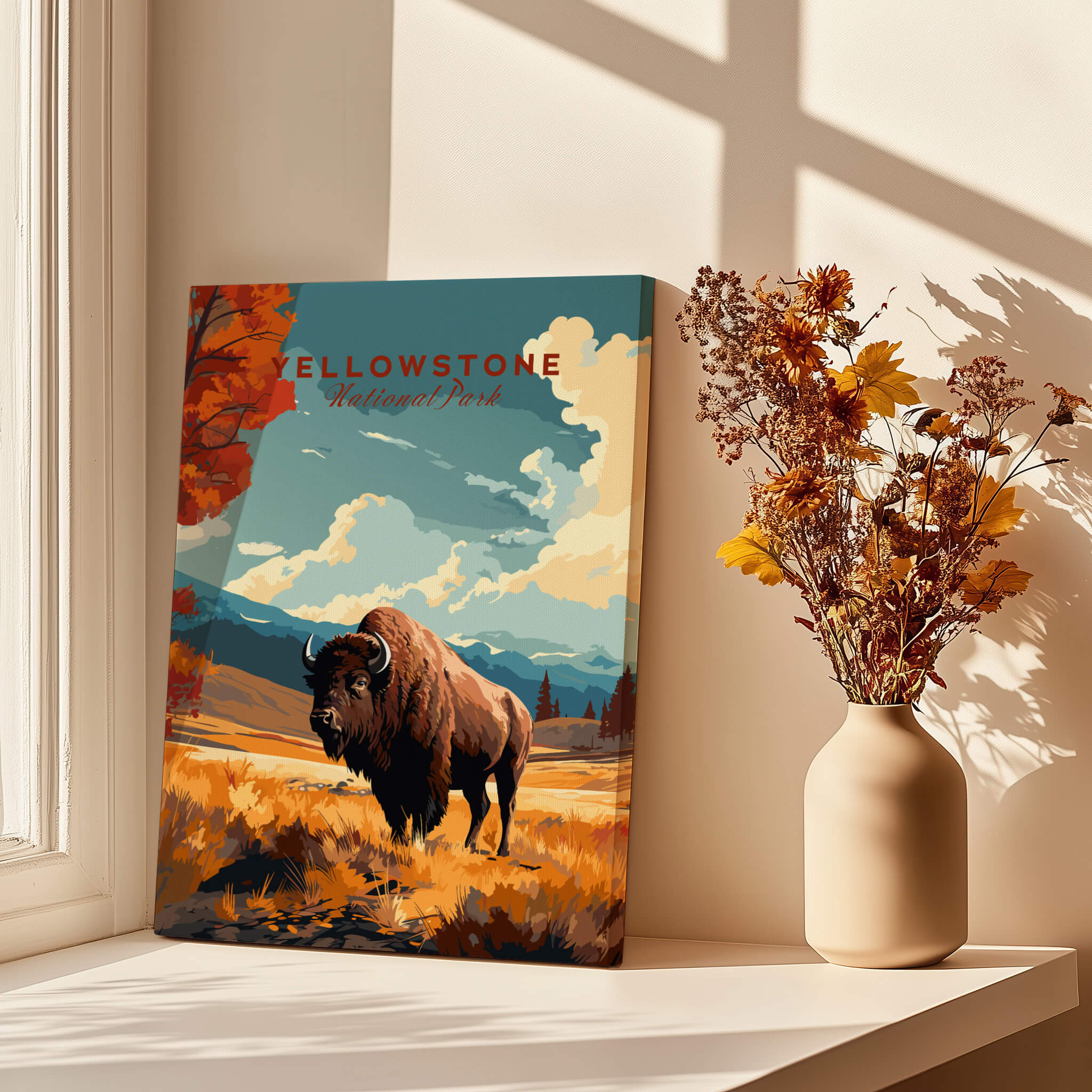 Yellowstone Print | National Park featuring a bison in vibrant autumn scenery near a window.