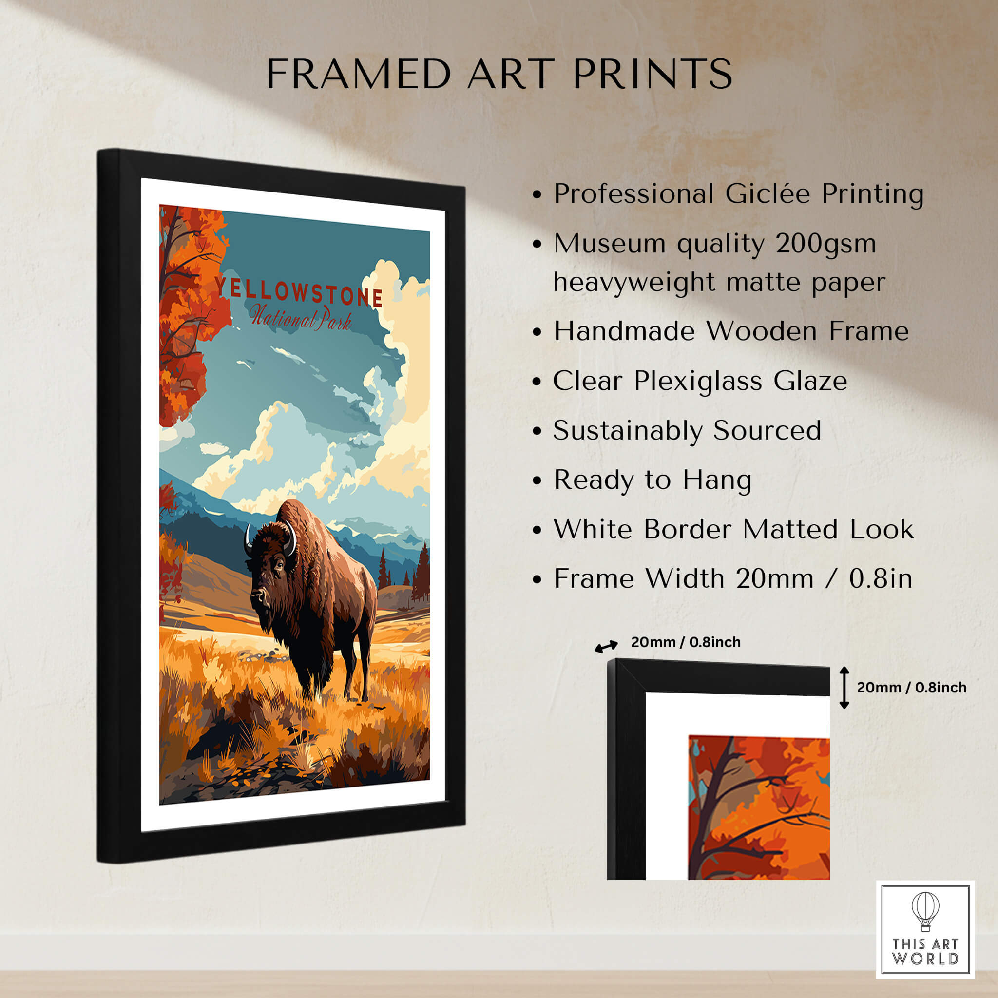 Yellowstone Print | National Park framed art print showcasing a bison and vibrant scenery in a handmade wooden frame.