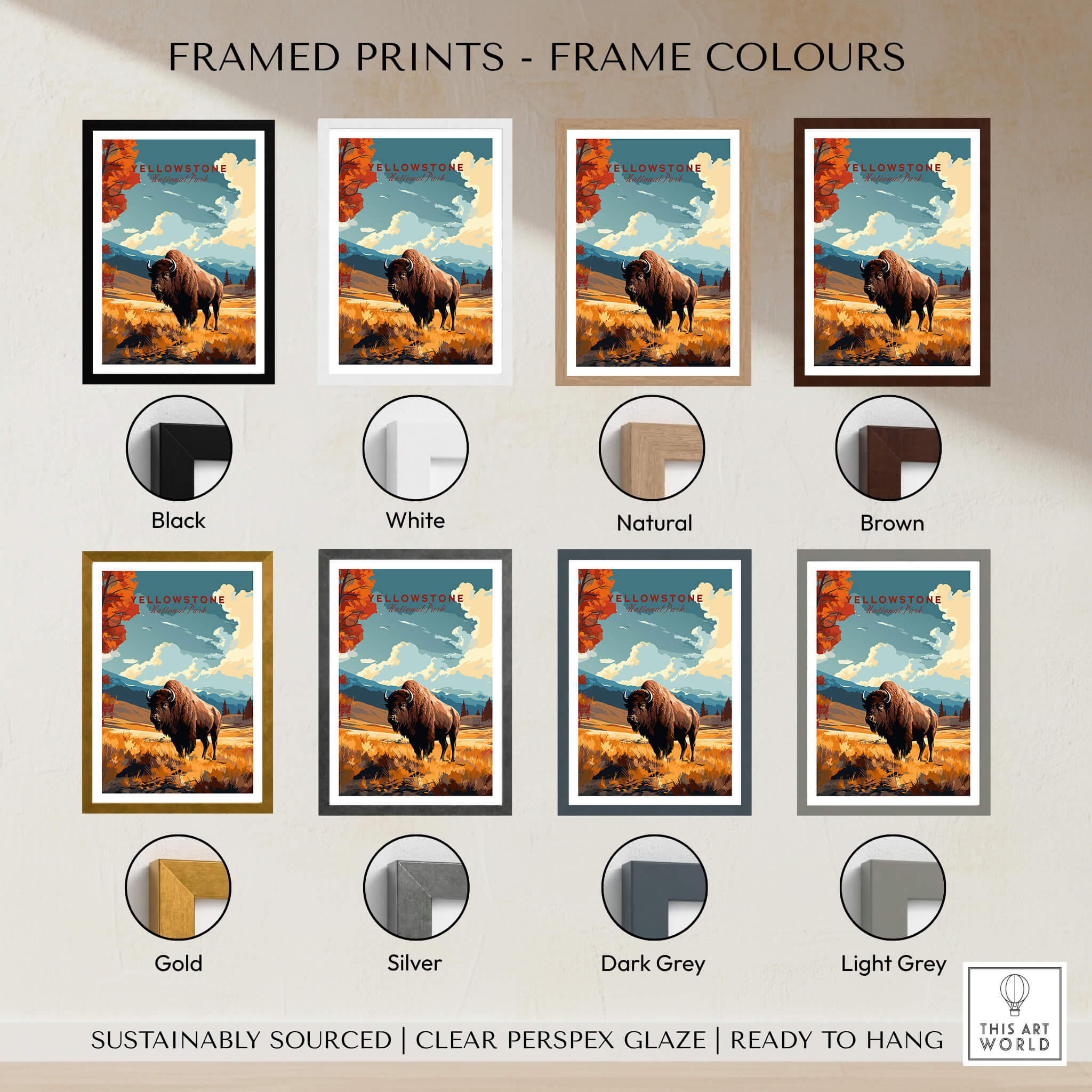 Yellowstone Print | National Park framed prints color options including black, white, natural, brown, gold, silver, dark grey, light grey.