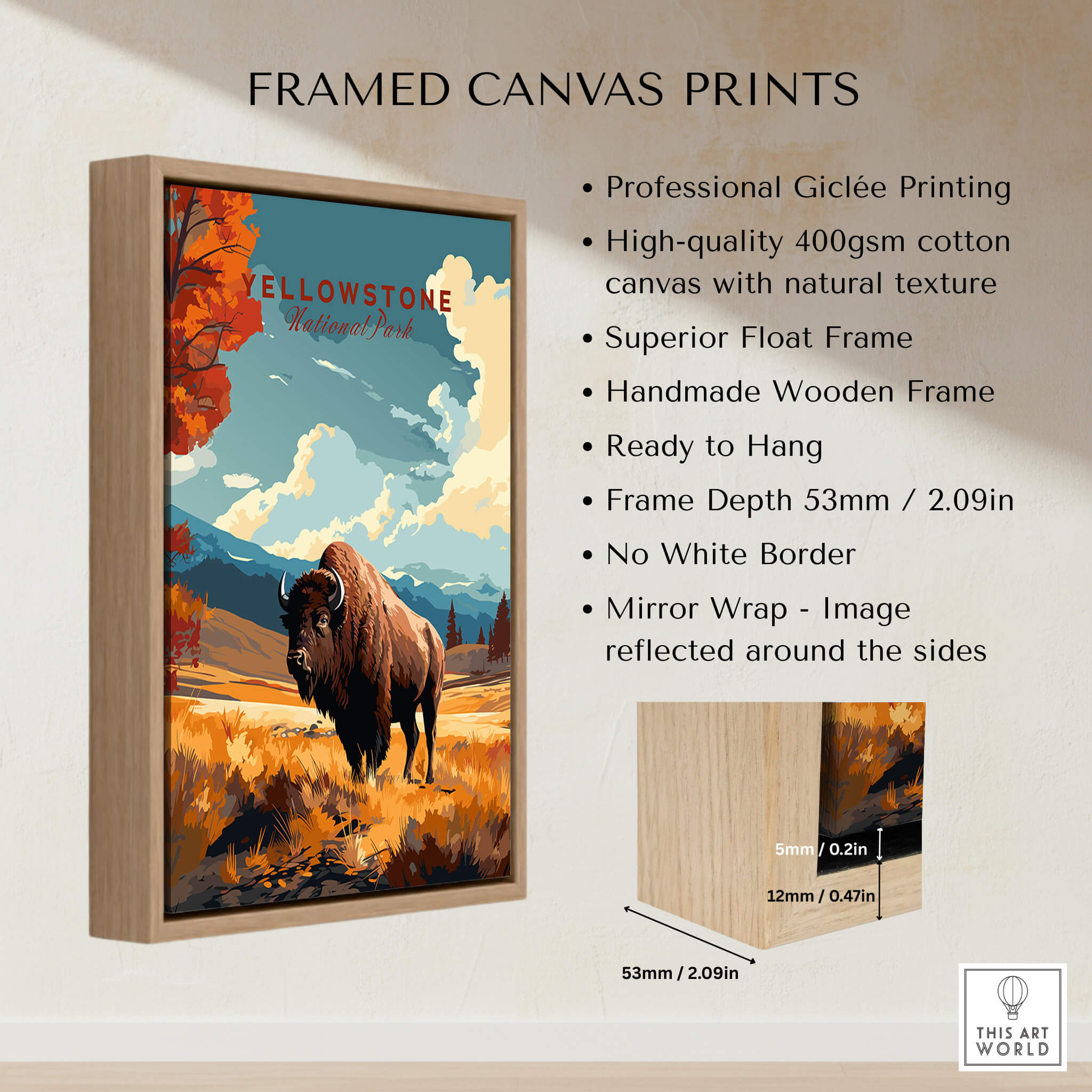 Yellowstone Print | National Park framed canvas print featuring a bison and vibrant natural scenery.