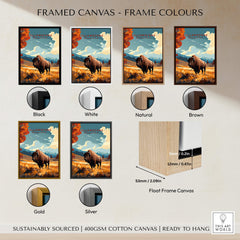 Framed Yellowstone Print | National Park options showing different frame colors like Black, White, Natural, Brown, Gold, and Silver.