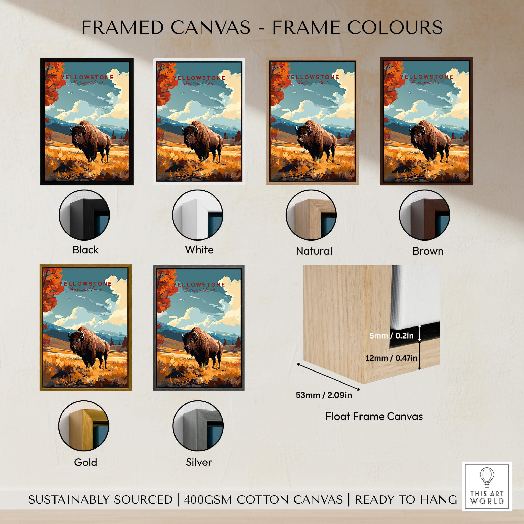 Framed Yellowstone Print | National Park options showing different frame colors like Black, White, Natural, Brown, Gold, and Silver.