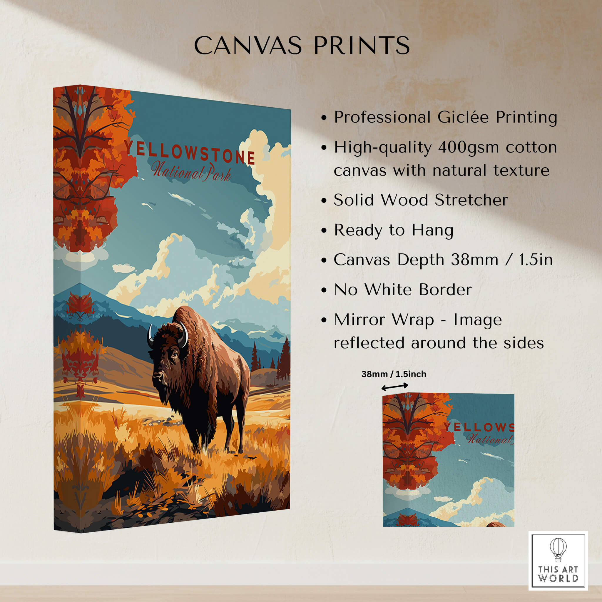 Yellowstone Print | National Park featuring a bison on a canvas print with vibrant scenery and professional Giclée quality.
