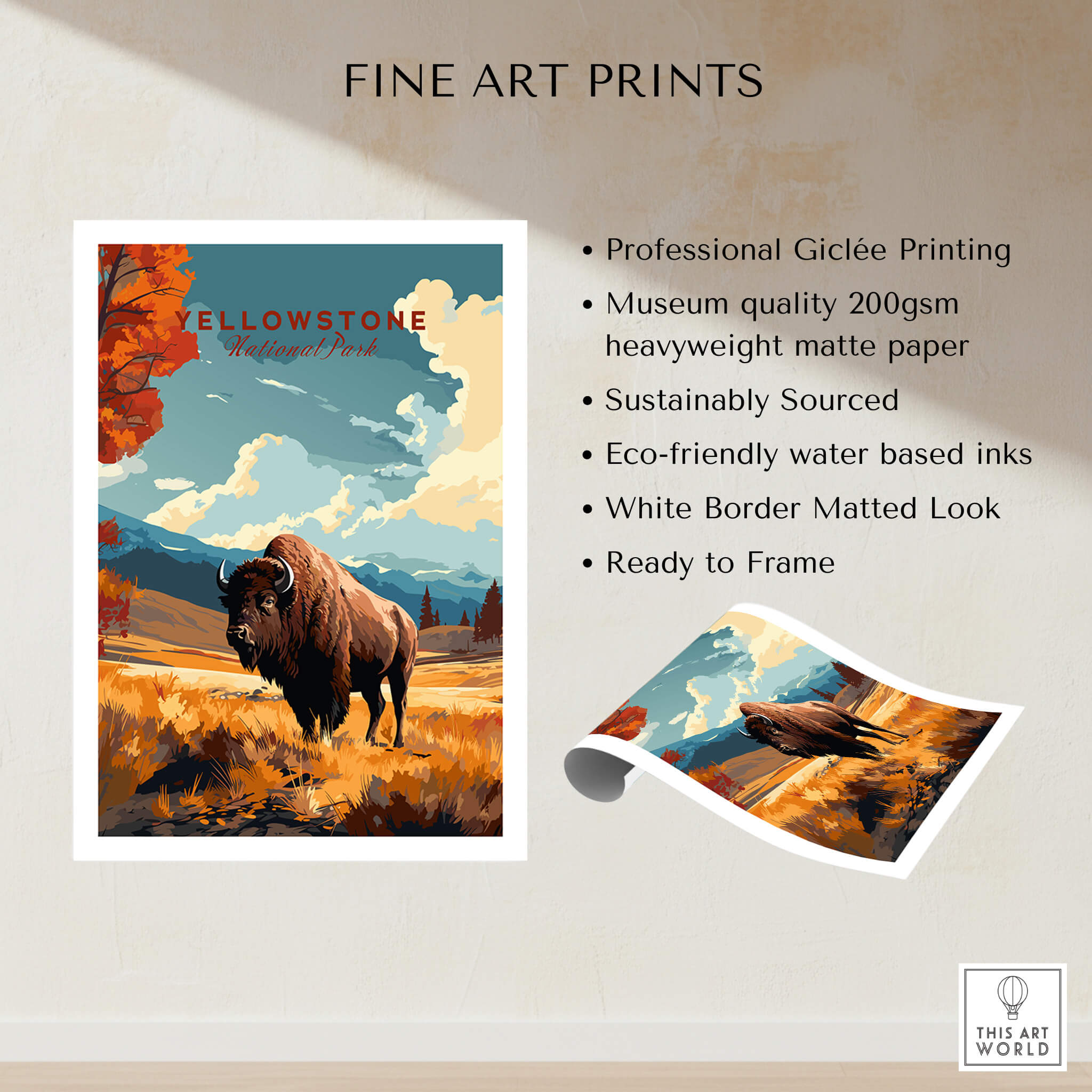 Yellowstone Print | National Park featuring a bison in vibrant scenery with details on fine art prints.