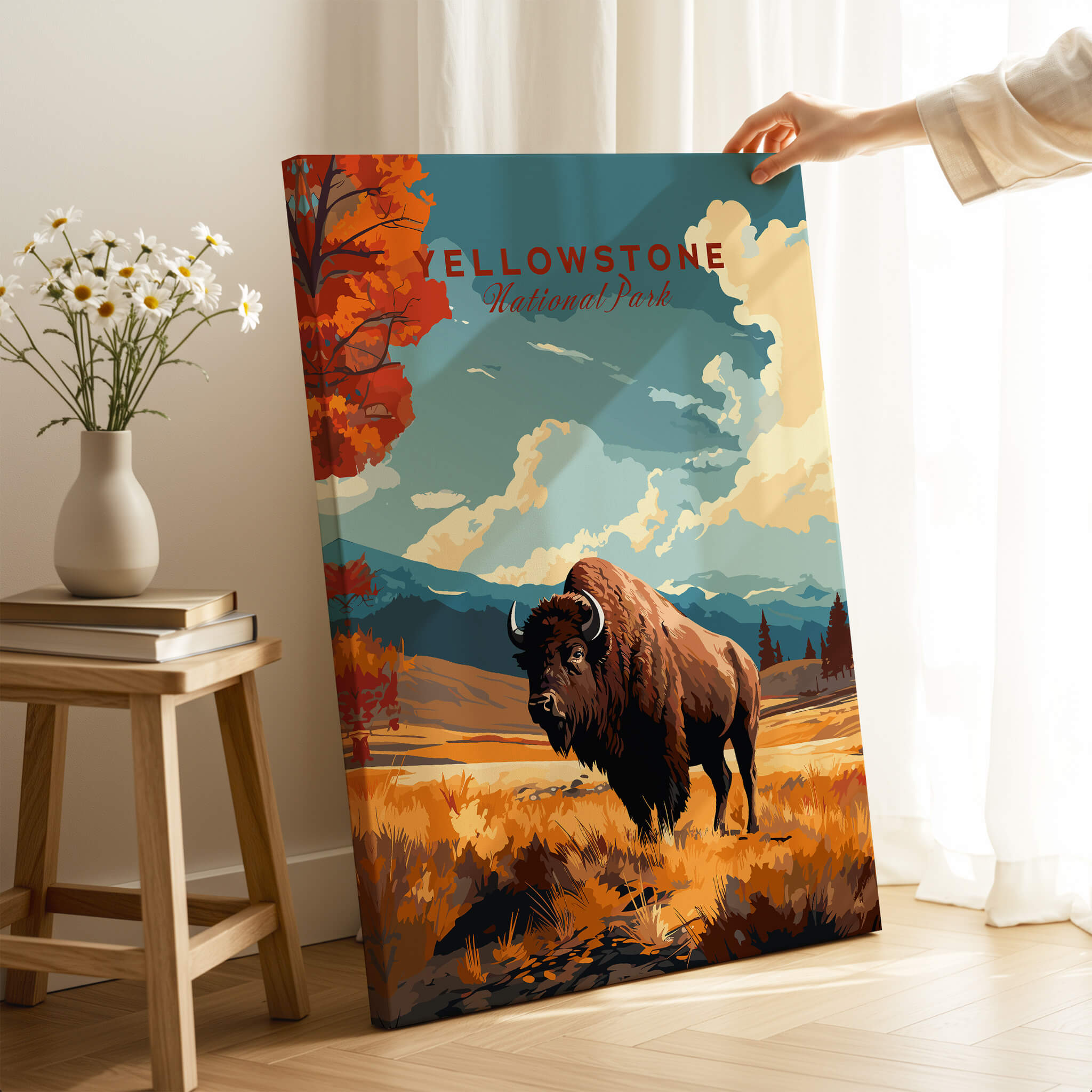 Yellowstone Print | National Park featuring a bison in a vibrant landscape, perfect for nature lovers.