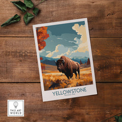 Yellowstone Poster | National Park featuring a bison in a vibrant landscape on a wooden table.