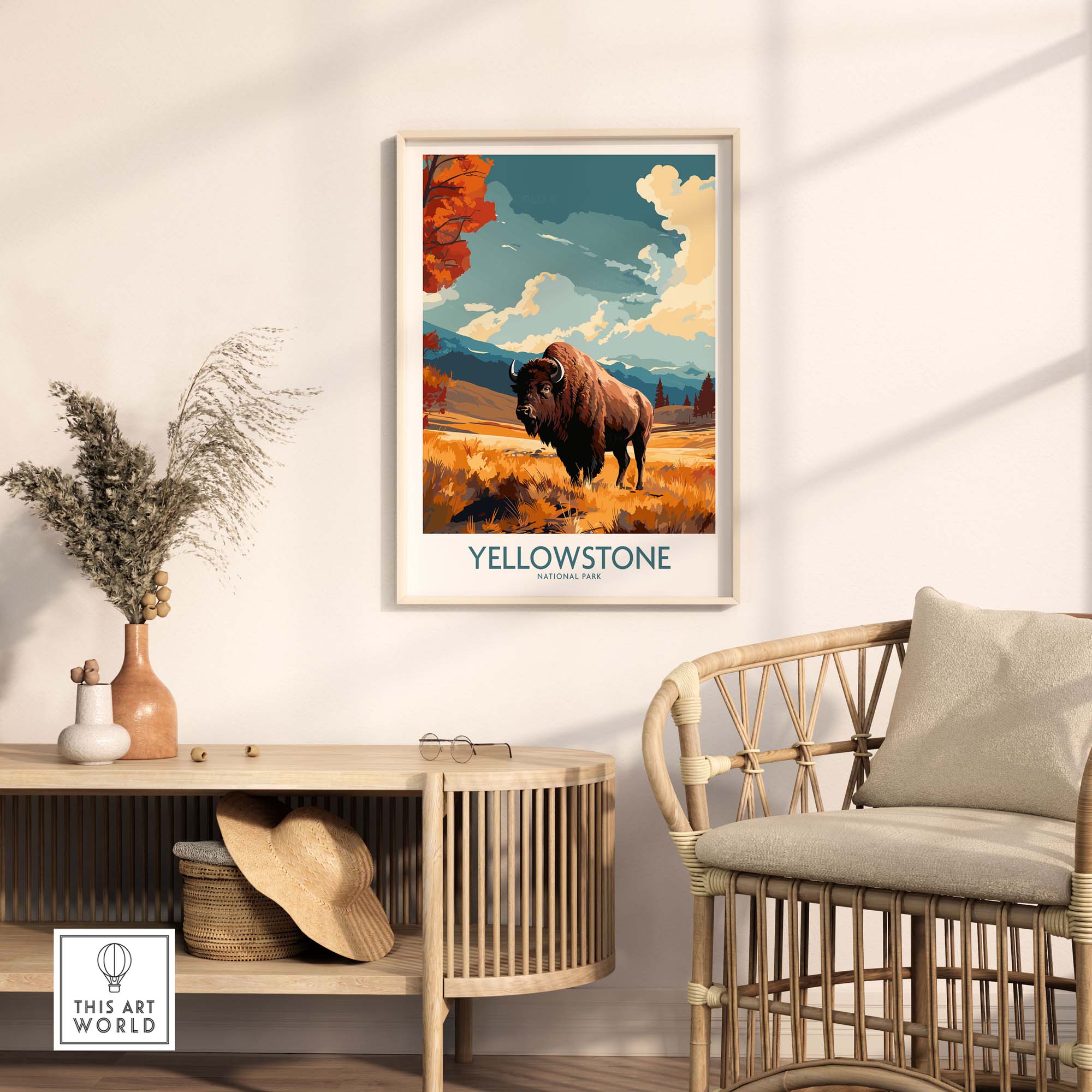 Yellowstone Poster | National Park featuring a bison in a vibrant landscape, perfect for home decor.