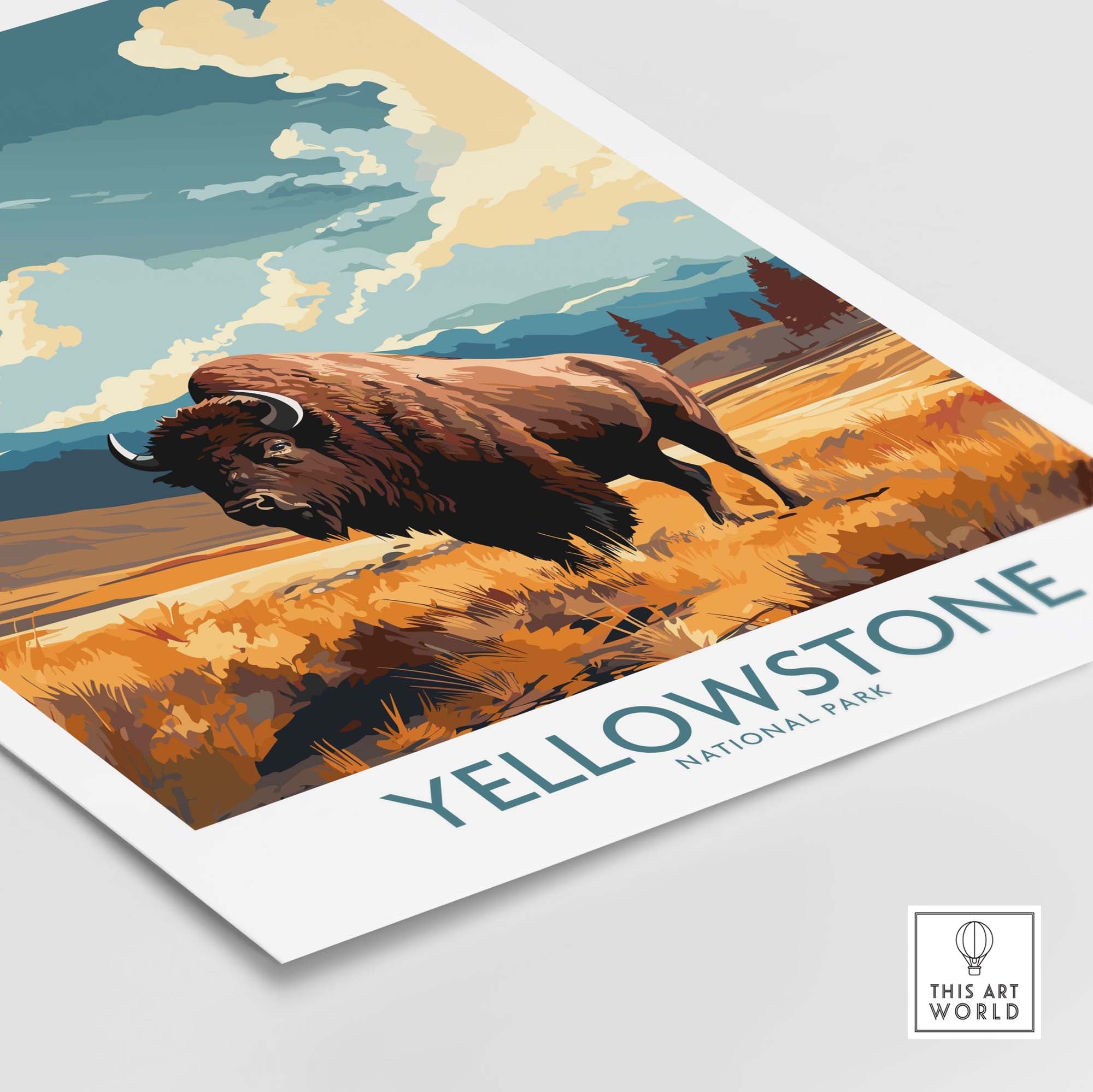 Yellowstone Poster | National Park featuring a majestic bison in a vibrant landscape, perfect for home decor.