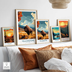 Yellowstone Poster | National Park displayed in a chic living room setting, featuring vibrant landscapes and bison.