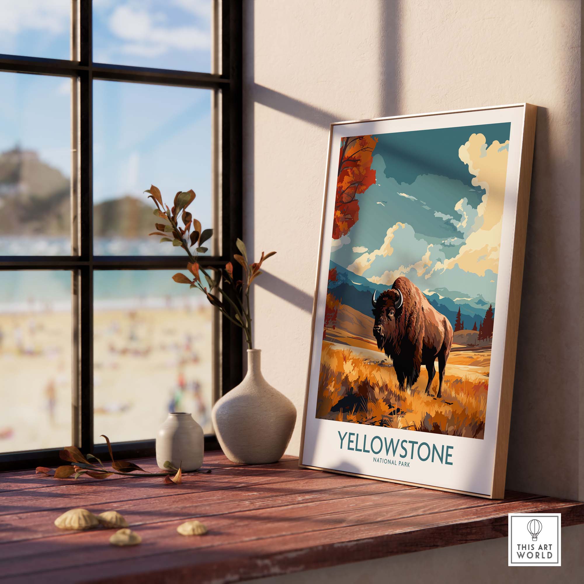 Yellowstone Poster | National Park featuring a bison in a vibrant landscape on display by a window.