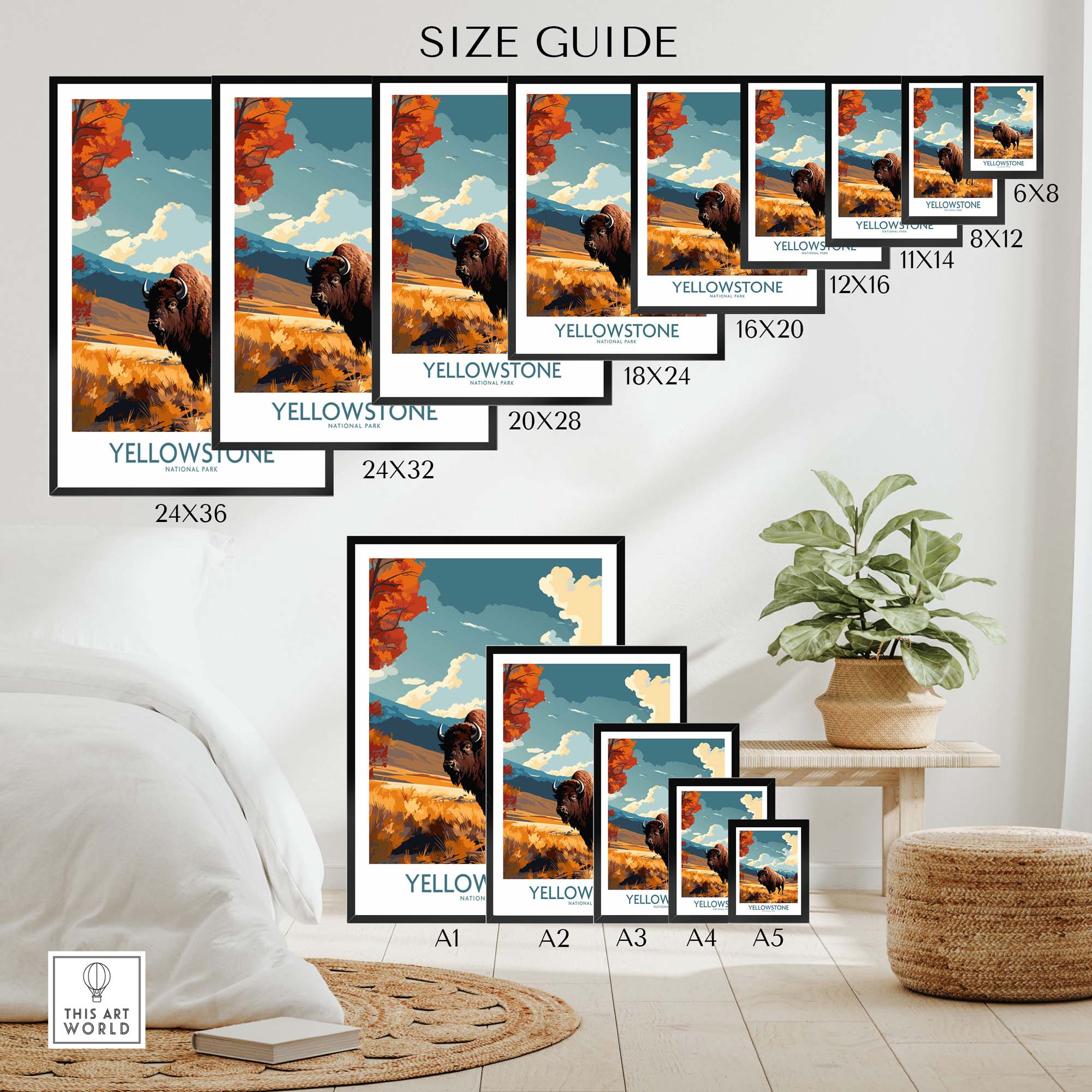 Yellowstone Poster | National Park size guide showcasing various print dimensions for home decor.