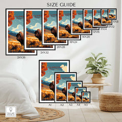 Size guide for Yellowstone Print | National Park showcasing various frame options and dimensions.