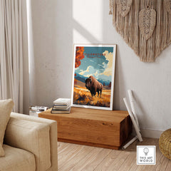 Yellowstone Print | National Park featuring a bison in a scenic artwork, framed in a cozy indoor setting.