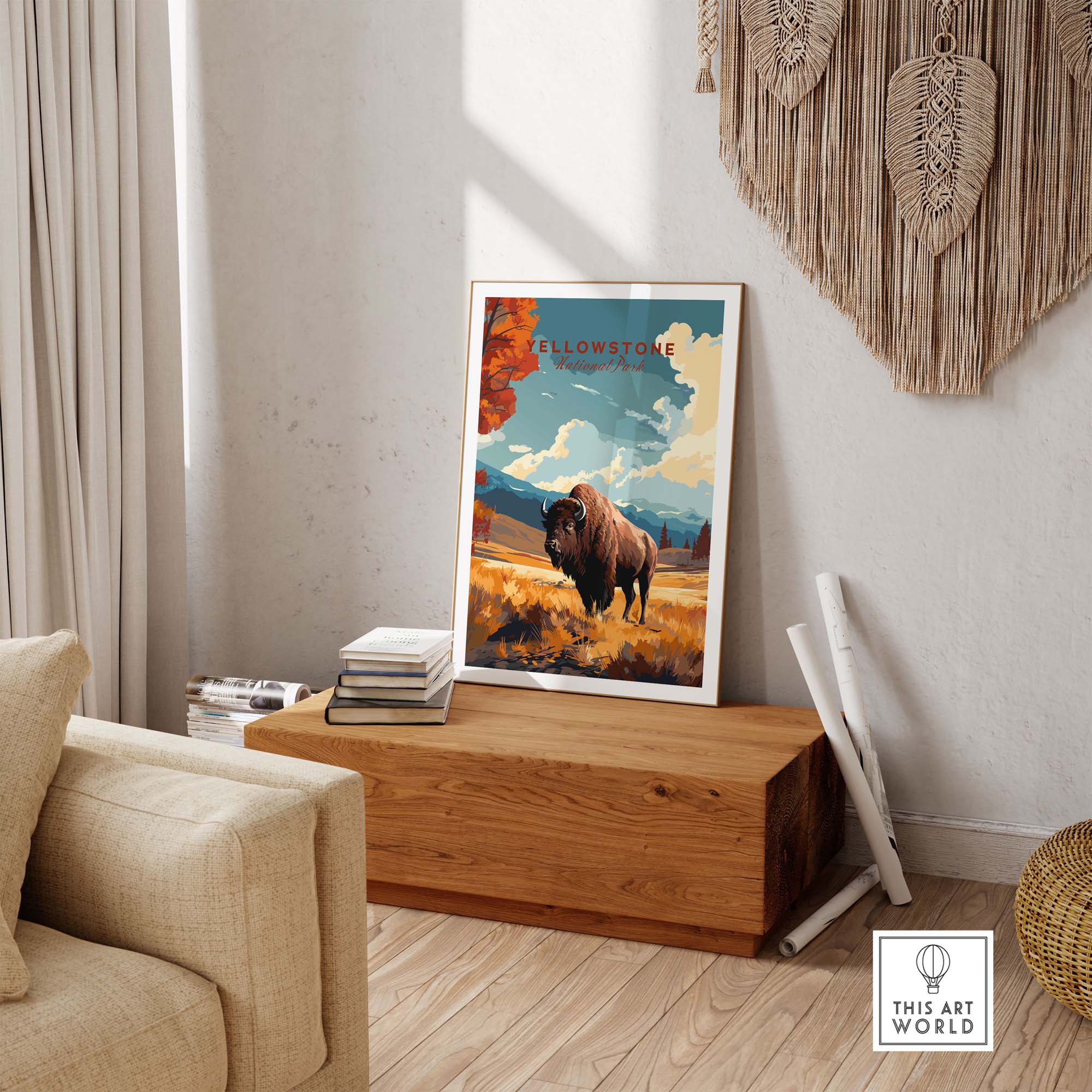 Yellowstone Print | National Park featuring a bison in a scenic artwork, framed in a cozy indoor setting.